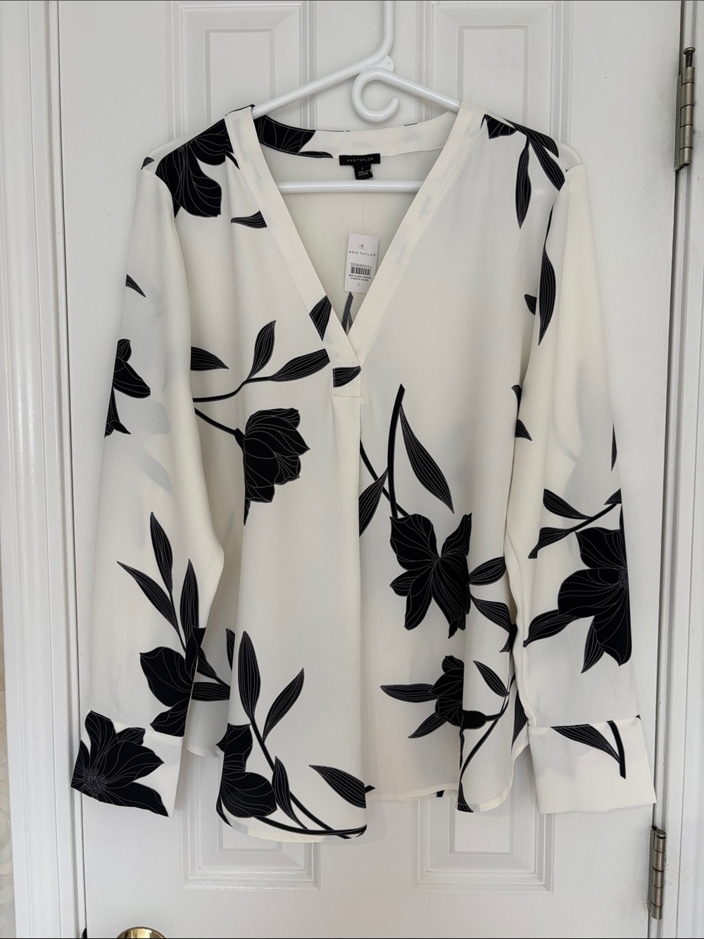 Ann Taylor Mixed Media White Blouse with Black Floral Print V-Neck
